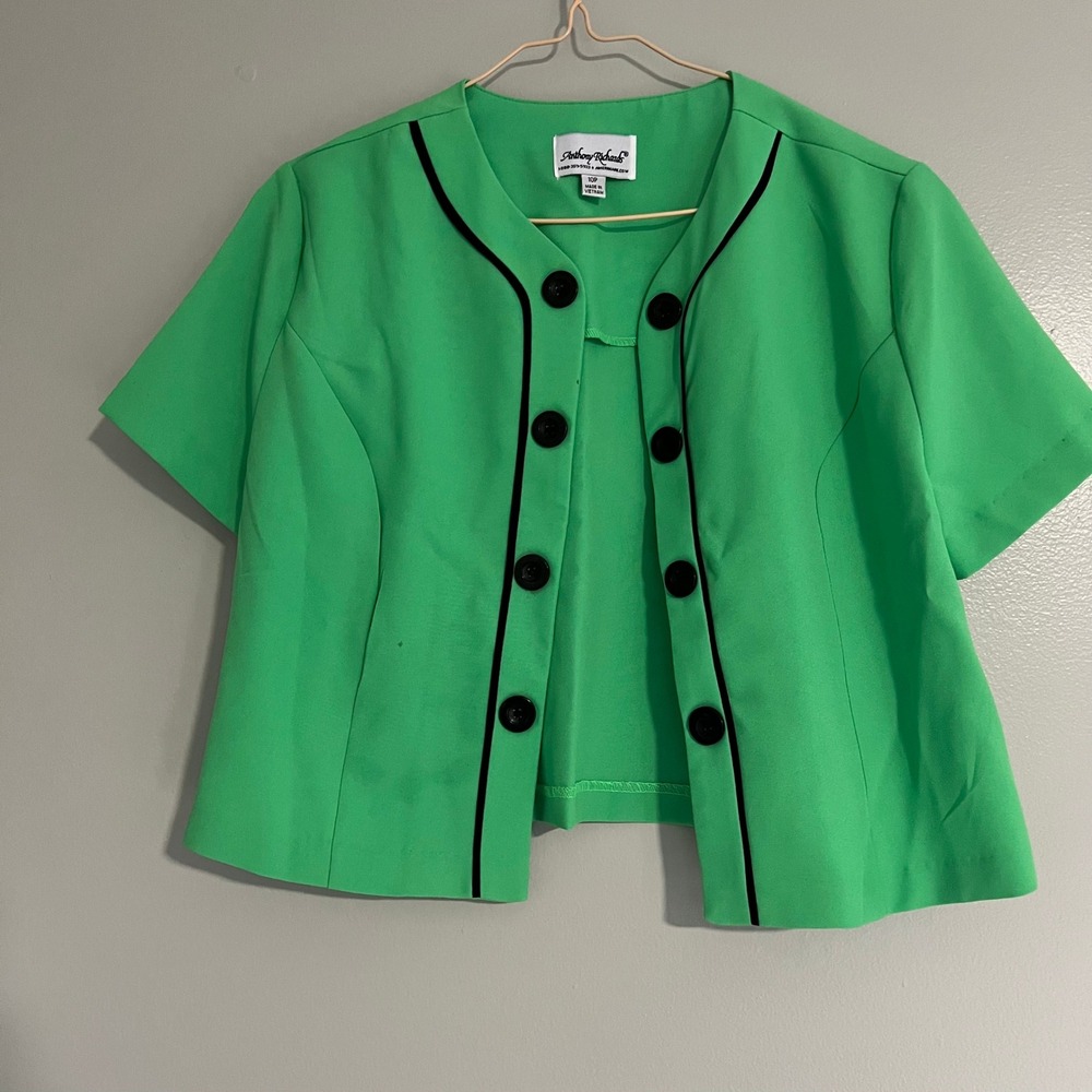 Anthony Richards Green Short Sleeve Open Front Blazer Jacket Petite 10P mod 60s